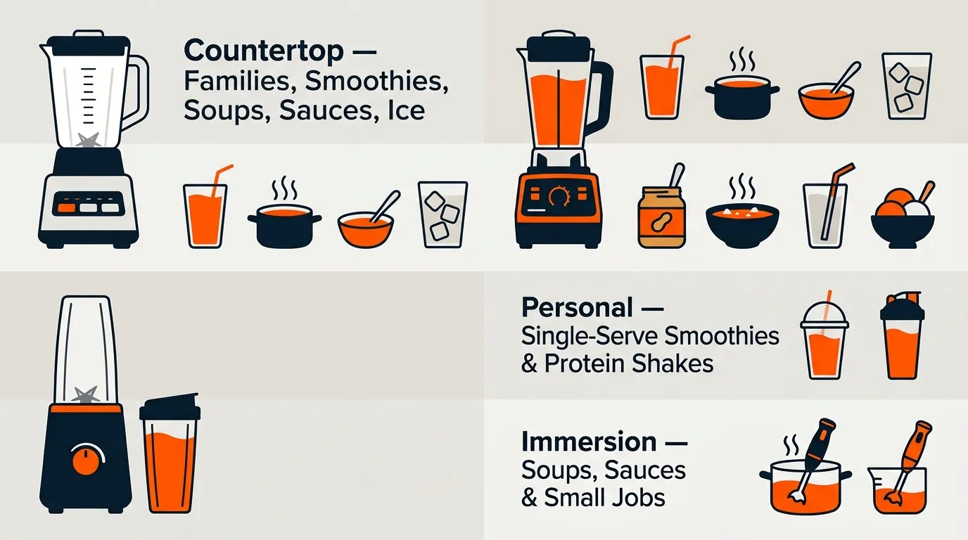 Countertop, high-performance, personal, and immersion blenders shown for different kitchen tasks