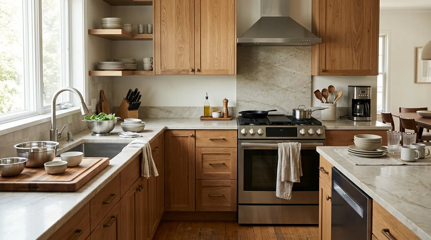 Kitchen organized into separate food preparation, cooking, and serving zones with frequently used tools nearby