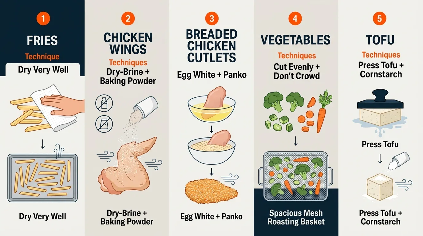 Air fryer food comparison featuring crispy fries, chicken wings, breaded cutlets, vegetables, and tofu