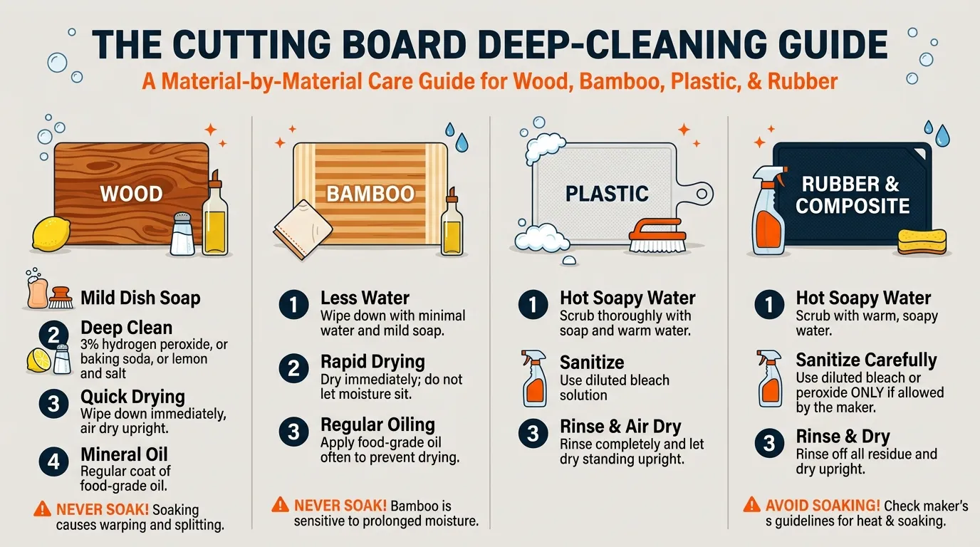 Cleaning methods compared for wood, bamboo, plastic, rubber, and composite cutting boards