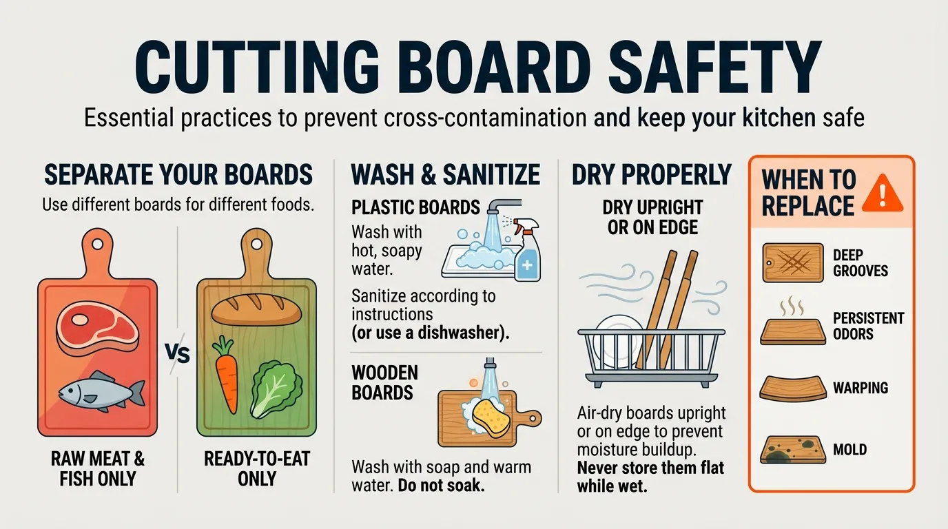 Cutting board food safety guide showing separate boards for raw meat and produce and proper cleaning and drying practices