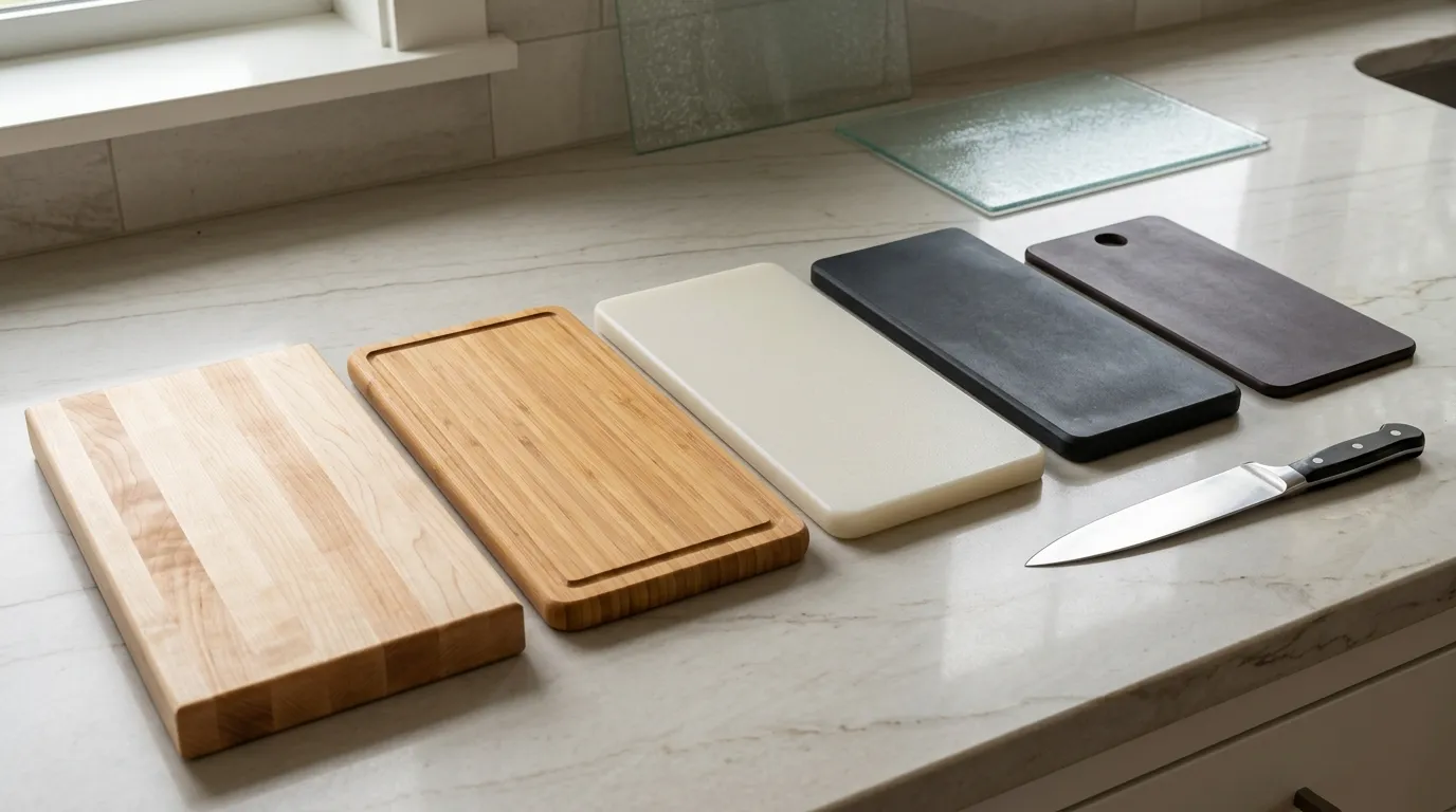 Maple wood, bamboo, plastic, rubber, and composite cutting boards compared by material and surface texture.