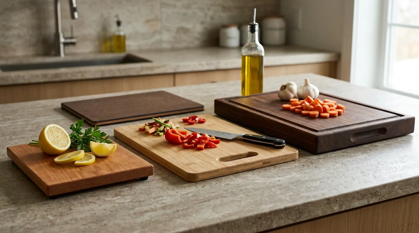 Small, medium, and large cutting boards showing different preparation spaces, juice grooves, handles, and non-slip features.
