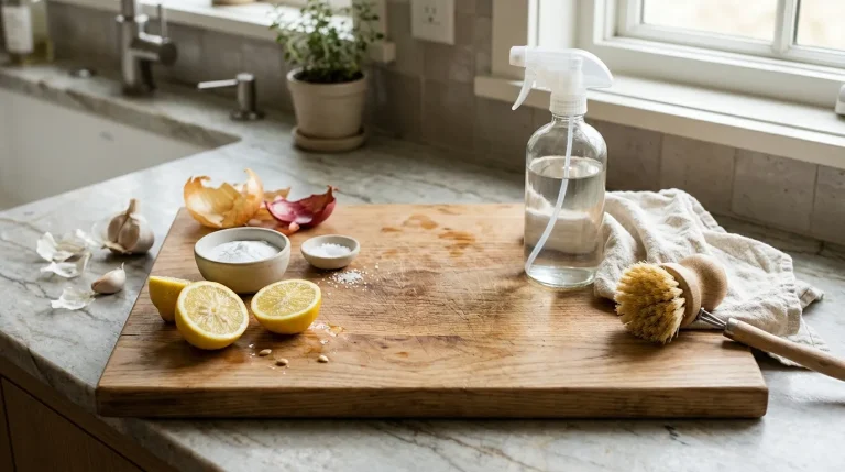 Wooden cutting board being cleaned with lemon, salt, and baking soda in a modern kitchen