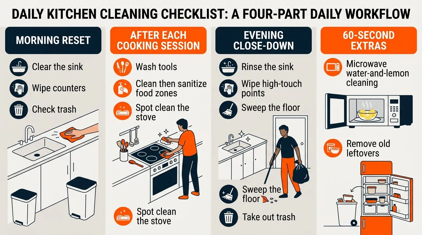 Daily kitchen cleaning workflow covering morning reset, cooking cleanup, evening close-down, and quick extras