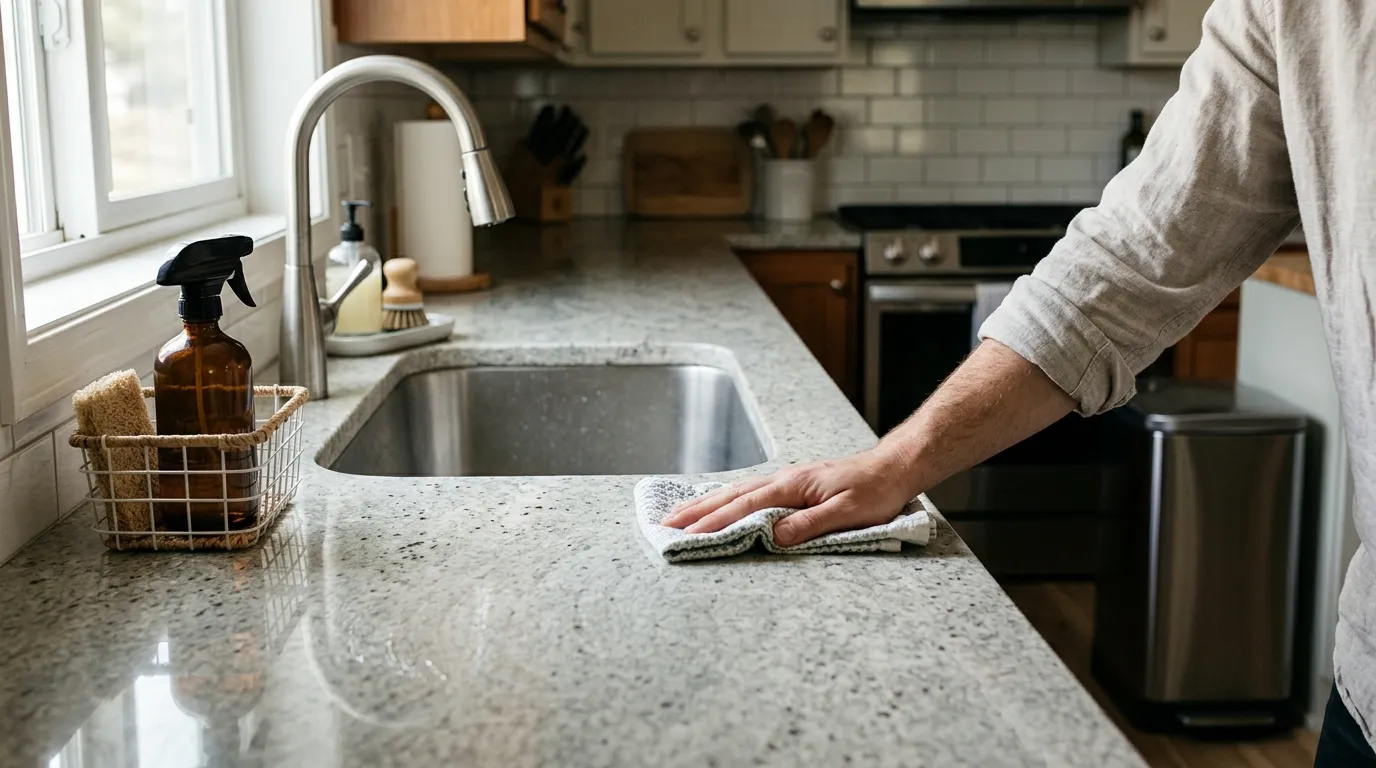 Kitchen counter being wiped clean beside a rinsed sink, dishwashing supplies, and a closed trash bin