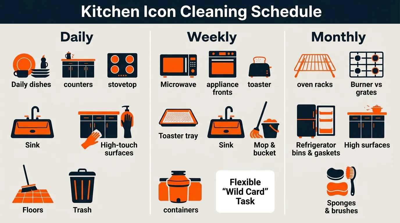 Kitchen cleaning supplies and tasks organized into daily weekly and monthly cleaning routines