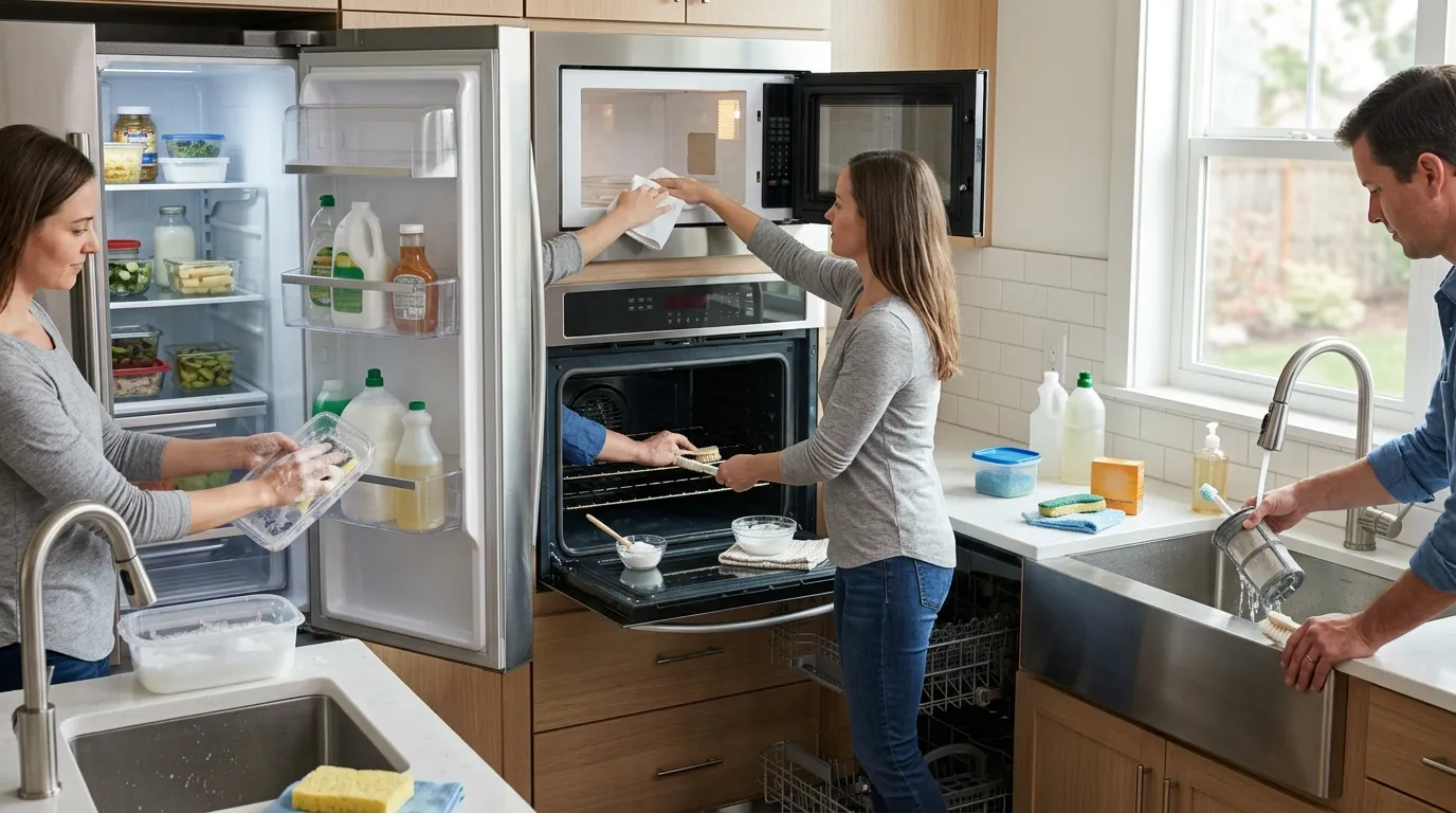 Kitchen appliances being carefully deep cleaned with attention to refrigerator, oven, microwave, and dishwasher maintenance