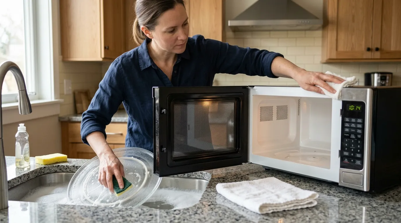 Microwave turntable and ring being washed while the interior is gently degreased during a deep clean
