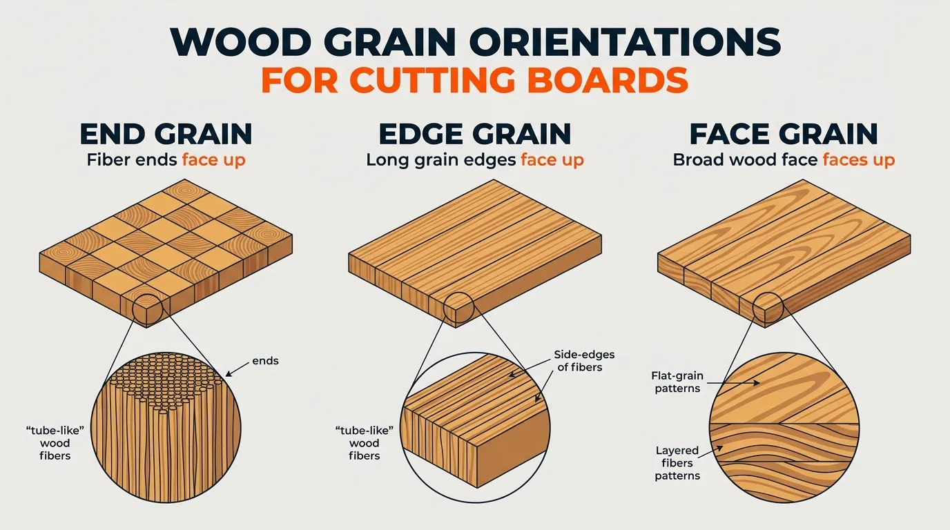 Cutting board infographic comparing end-grain, edge-grain, and face-grain wood orientations.