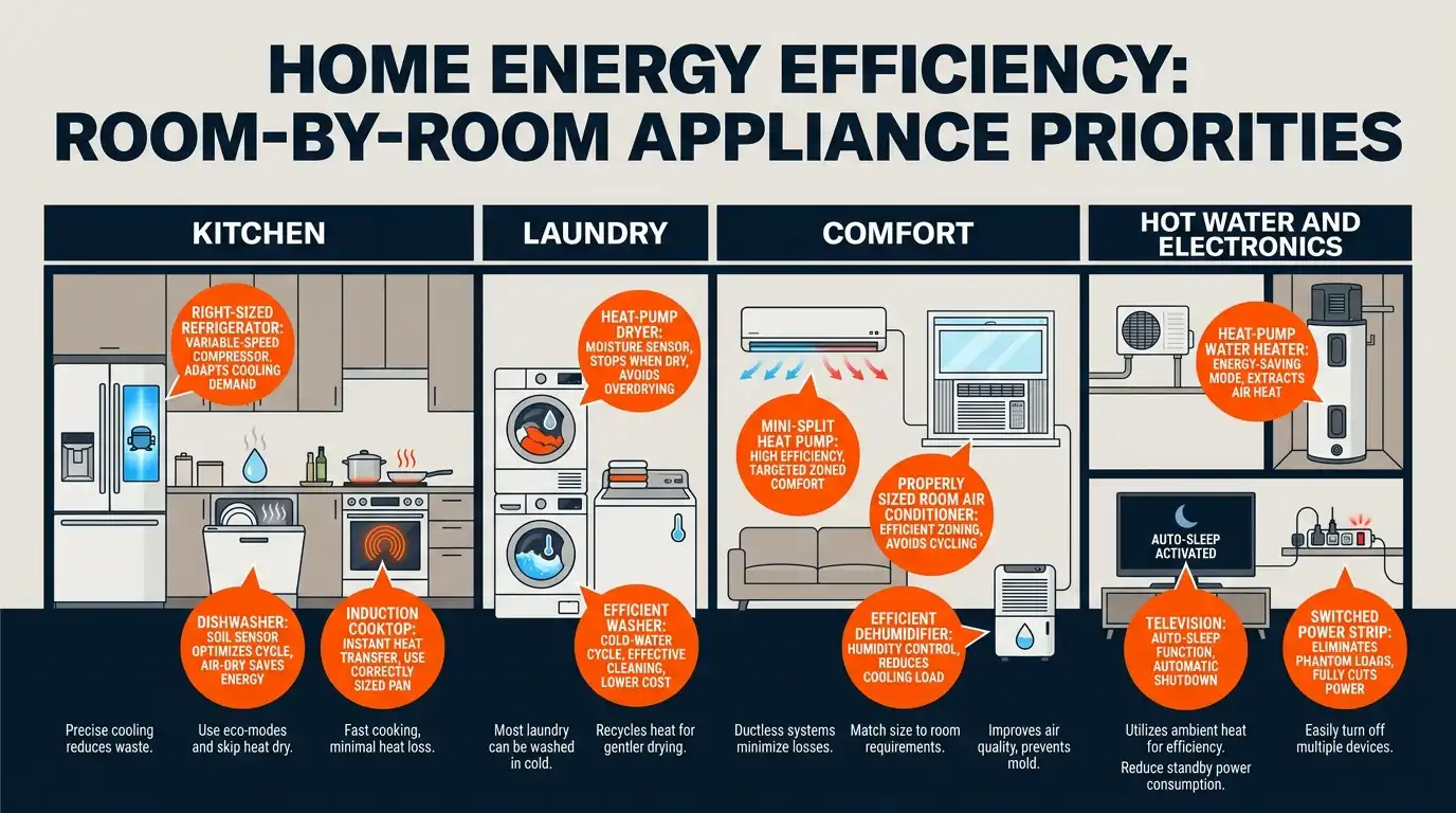 A room-by-room guide showing efficient refrigerators, dishwashers, induction ranges, washers, heat-pump dryers, cooling systems, and water heaters.