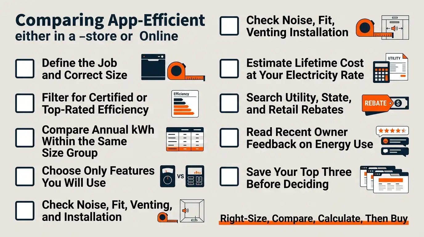 A checklist for appliance size, efficiency rating, annual energy use, features, noise, installation, lifetime cost, rebates, and owner reviews.