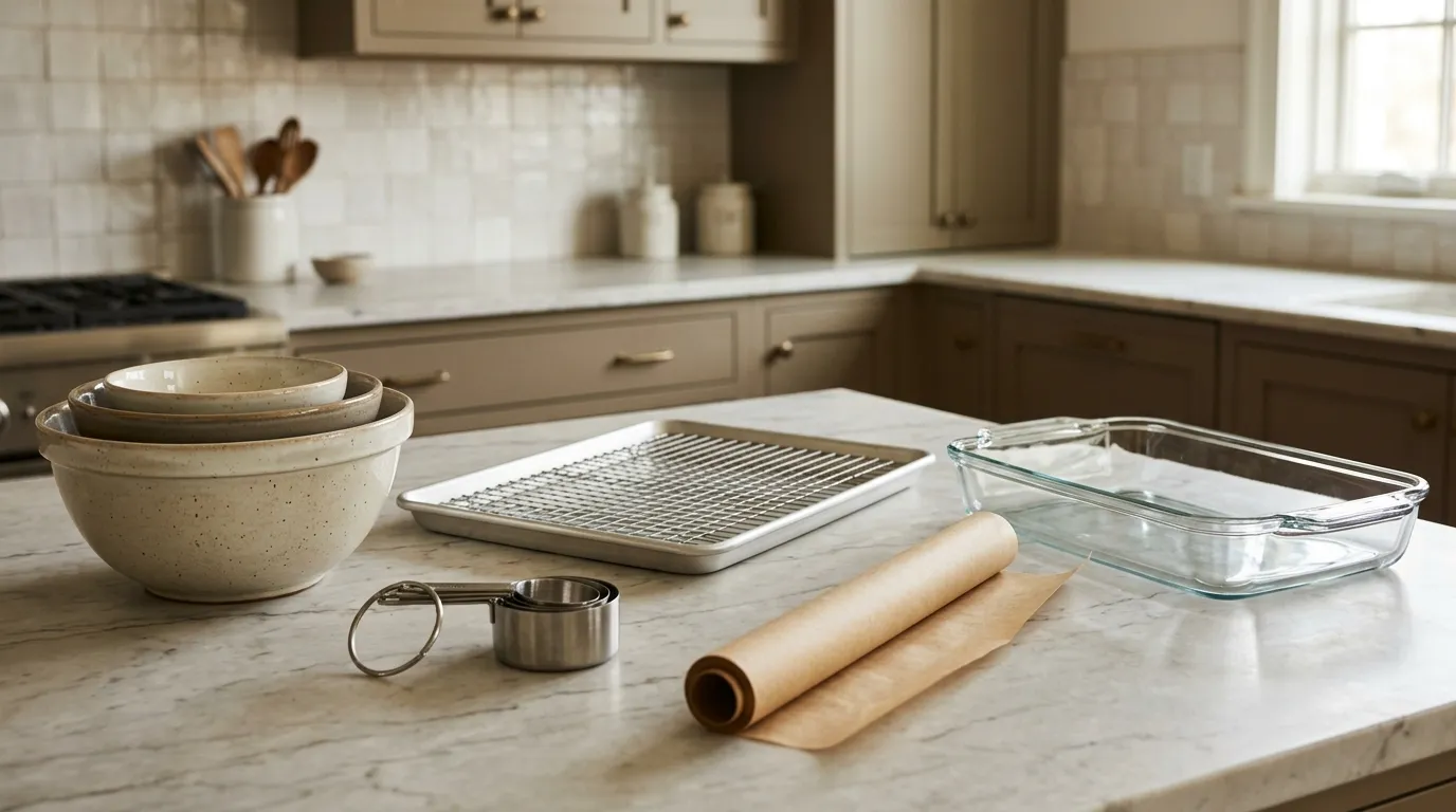 Half sheet pan, rectangular baking dish, nesting mixing bowls, and measuring tools arranged for meal preparation and baking