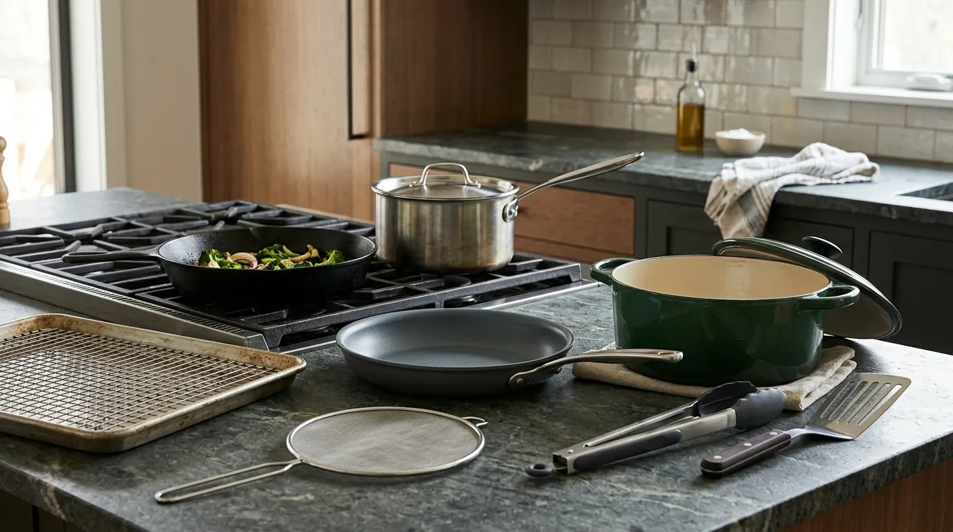 Cast-iron skillet, nonstick pan, saucepan, Dutch oven, sheet pan with rack, splatter screen, tongs, and fish spatula
