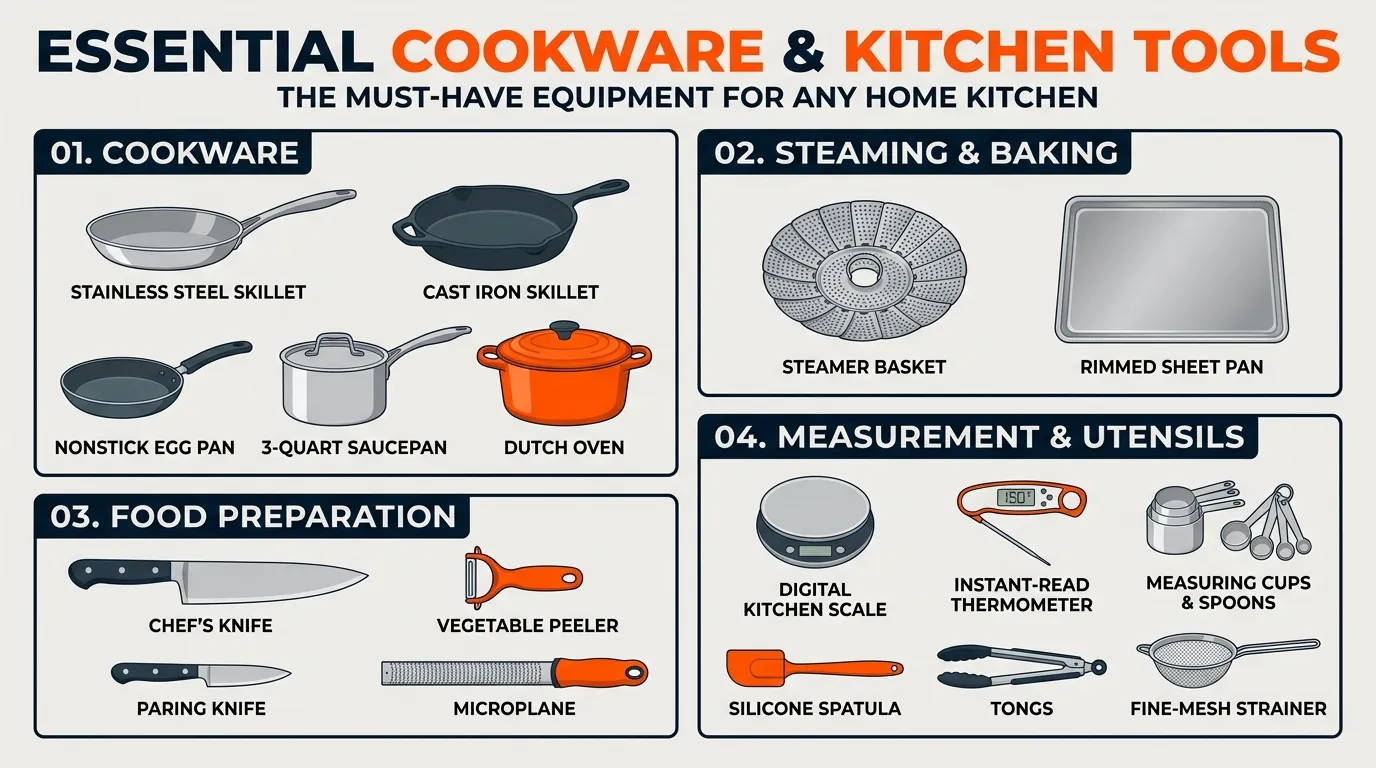 Kitchen essentials infographic showing stainless steel and cast iron pans, nonstick cookware, preparation tools, measuring equipment, and steaming accessories
