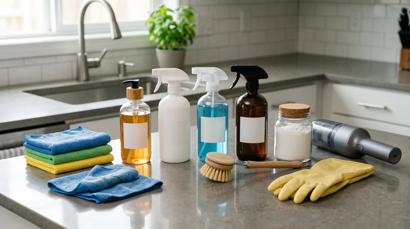 Kitchen cleaning supplies including microfiber cloths, dish soap, scrub brush, sanitizer, baking soda, gloves, and broom