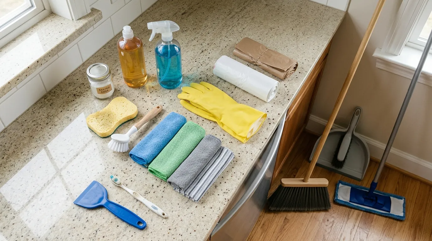 Kitchen maintenance supplies including microfiber cloths, scrub brush, sponge, baking soda, gloves, and floor cleaning tools