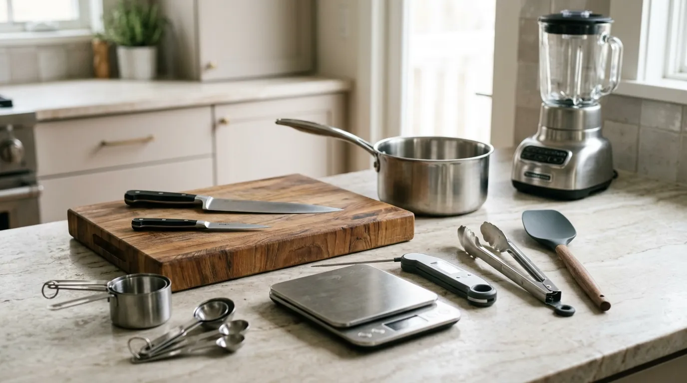 Essential kitchen gadgets including a chef’s knife, cutting board, digital thermometer, kitchen scale, blender, and cookware arranged on a countertop