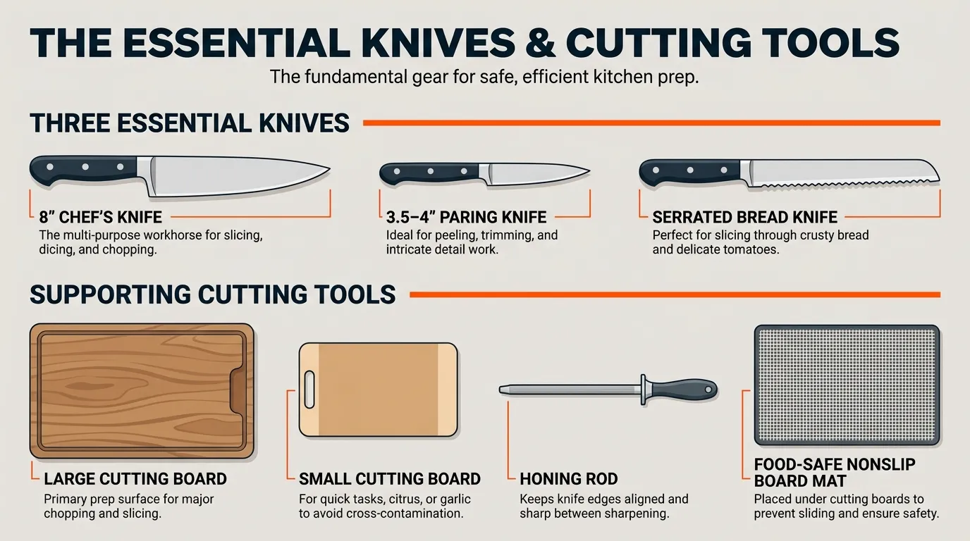 Kitchen knife essentials checklist featuring a chef’s knife, paring knife, serrated knife, cutting boards, and honing rod