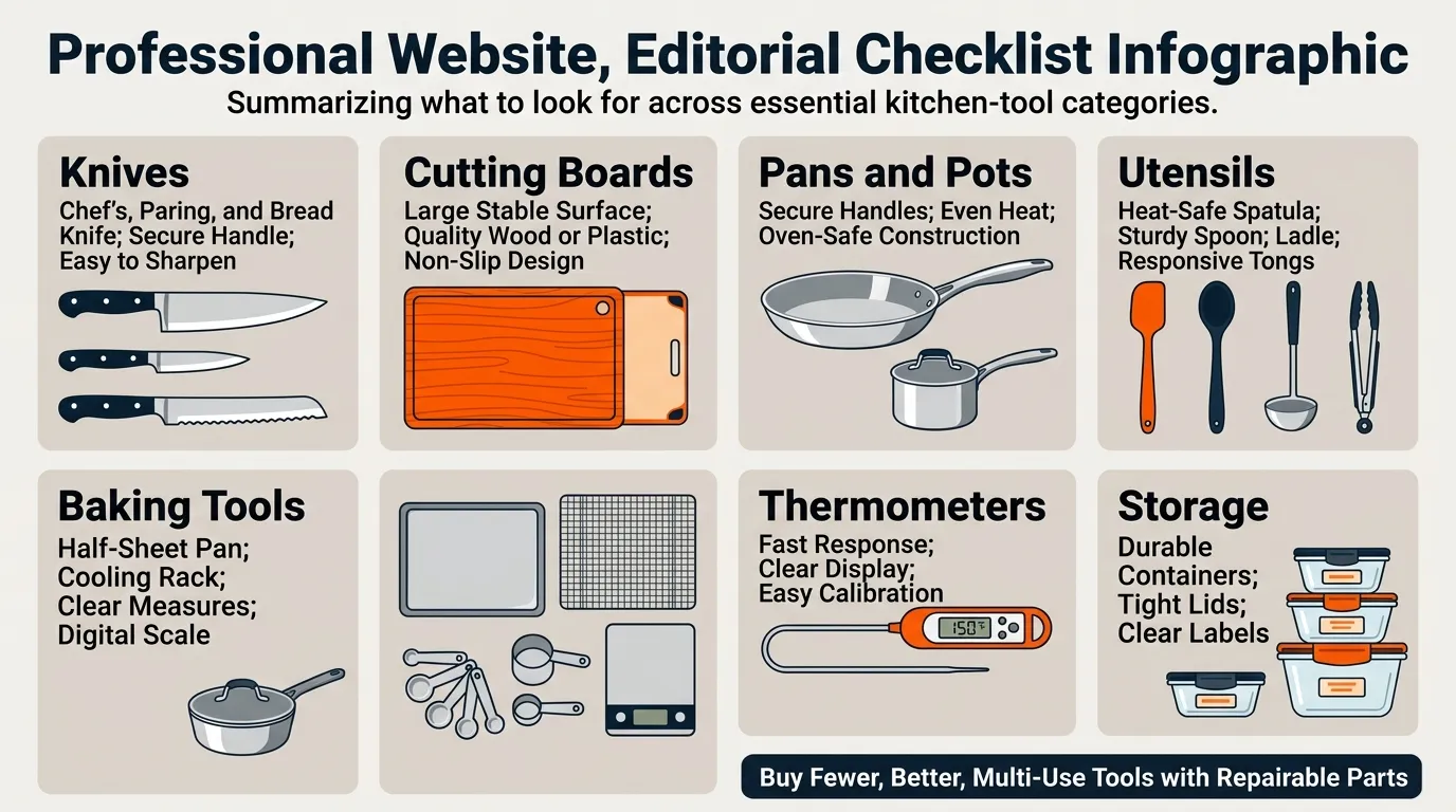 A buying checklist for knives, cutting boards, pans, utensils, baking tools, thermometers, and food-storage containers.