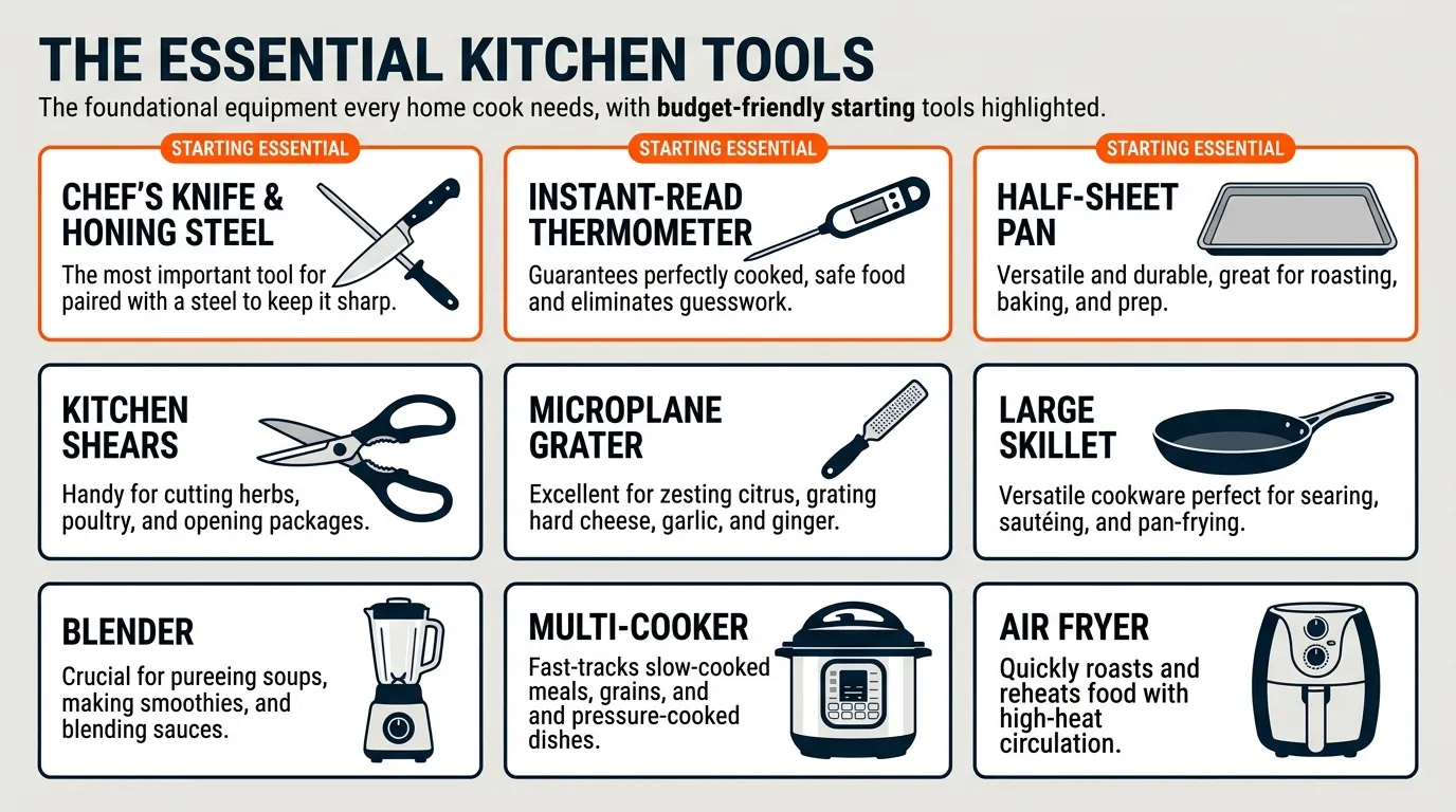 Kitchen tool guide featuring a chef's knife, thermometer, sheet pan, blender, pressure cooker, and air fryer