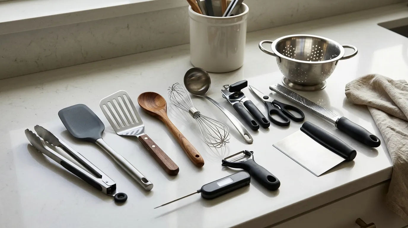 Everyday kitchen utensils including tongs, spatulas, wooden spoon, whisk, ladle, peeler, colander, and instant-read thermometer