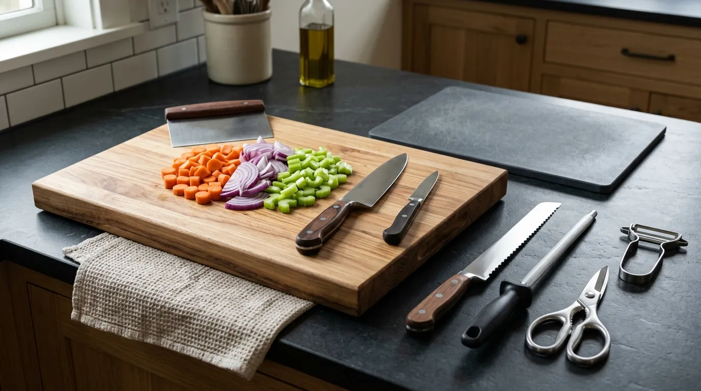 Chef’s knife, paring knife, serrated knife, cutting boards, honing rod, peeler, kitchen shears, and bench scraper arranged for food preparation
