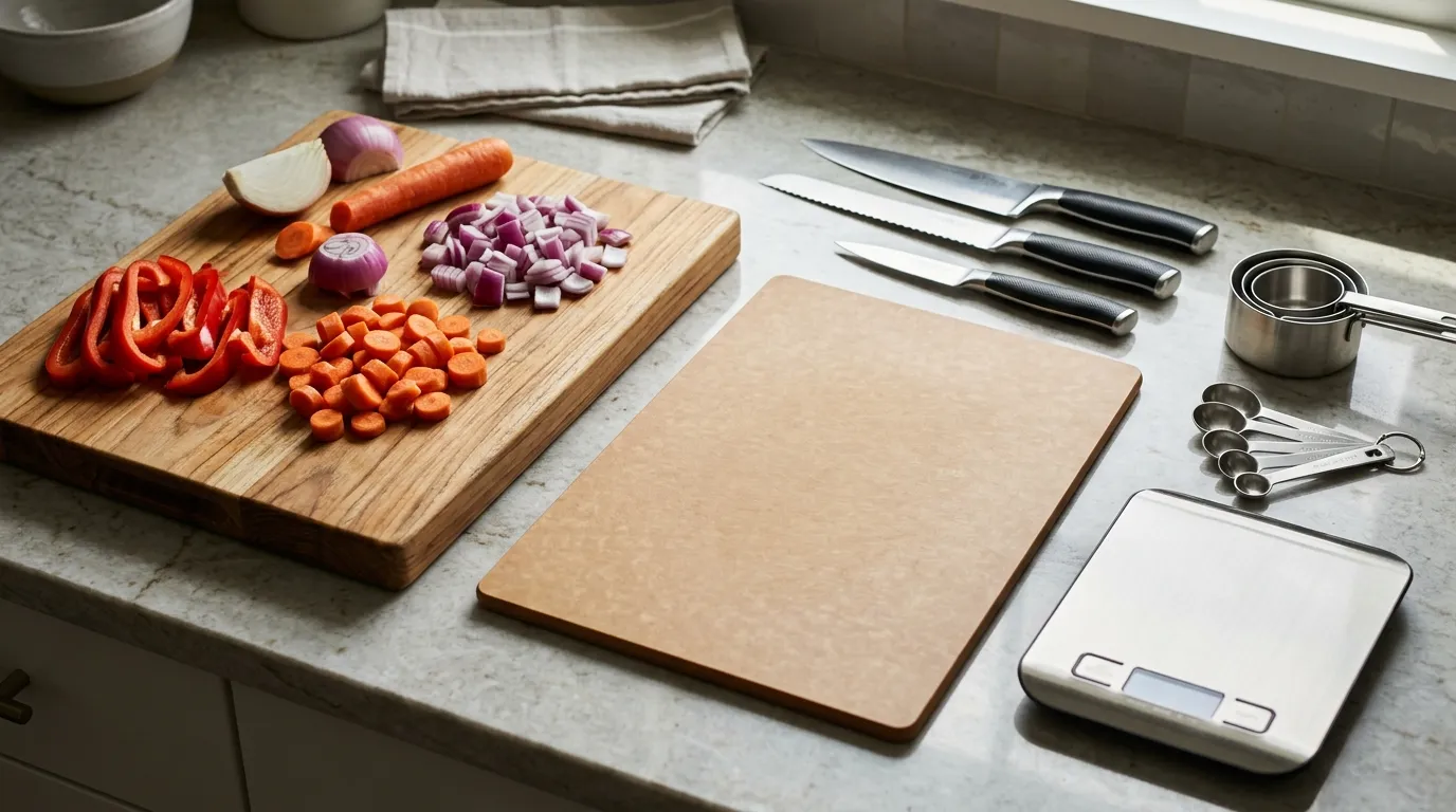 Chef's knife, paring knife, serrated knife, separate cutting boards, measuring cups, and digital kitchen scale arranged for food preparation