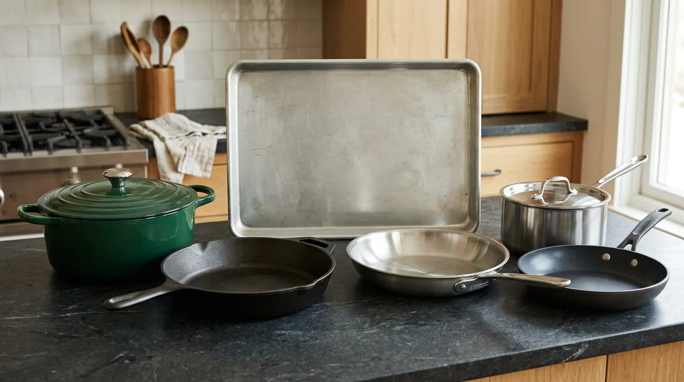 Stainless steel skillet, nonstick frying pan, Dutch oven, saucepan, cast iron skillet, and half-sheet pan arranged on a kitchen counter