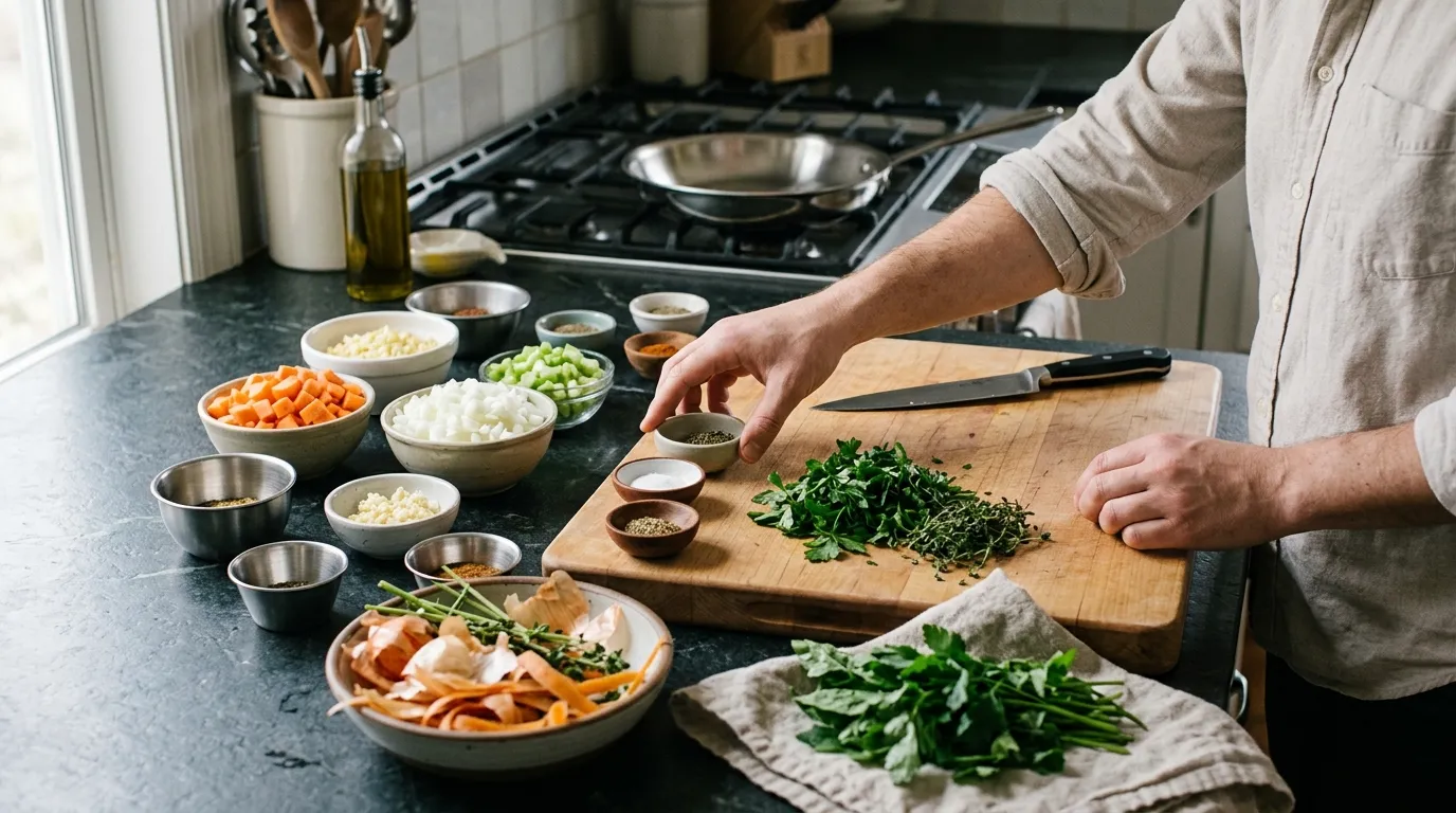 Kitchen mise en place with measured spices, prepared vegetables, a heated skillet, and a bowl for food scraps