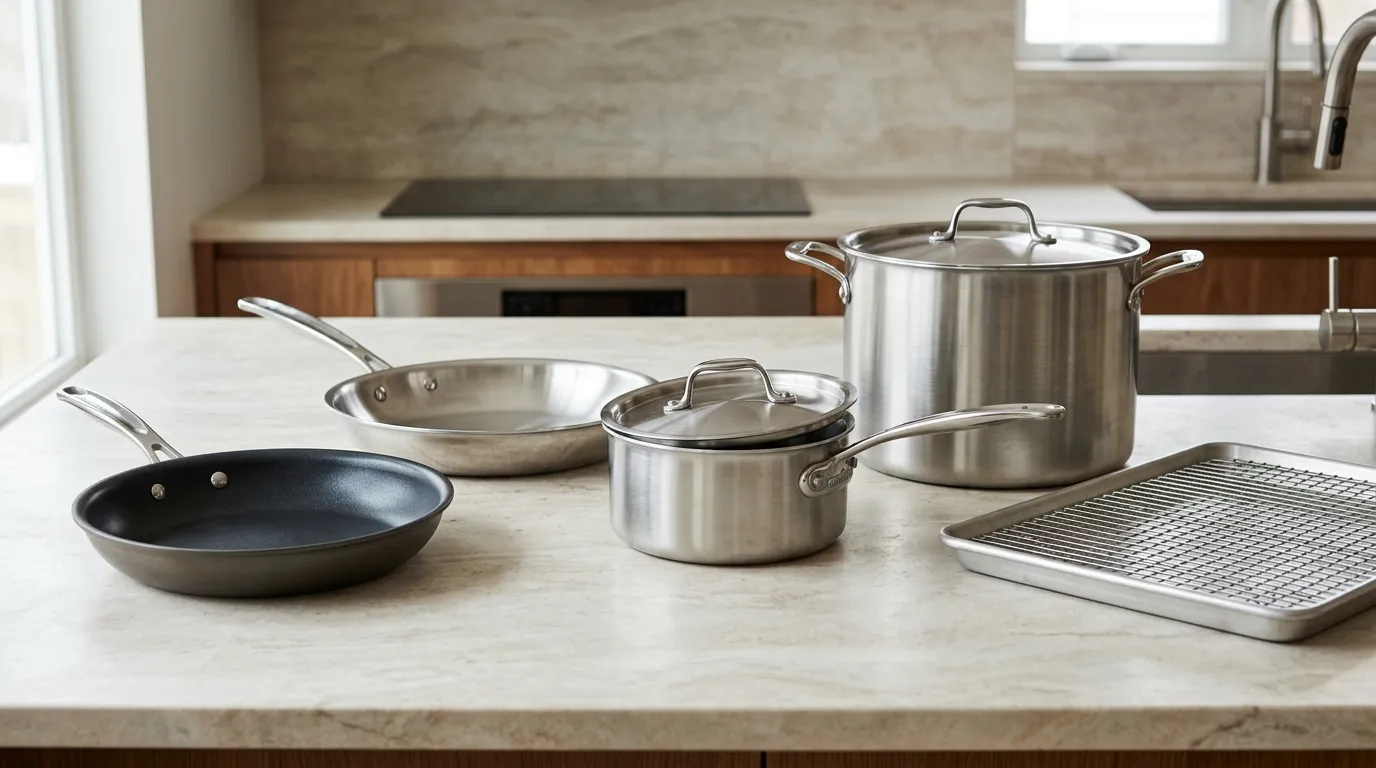 Nonstick skillet, stainless steel skillet, saucepan, stockpot, and half-sheet pan for everyday home cooking