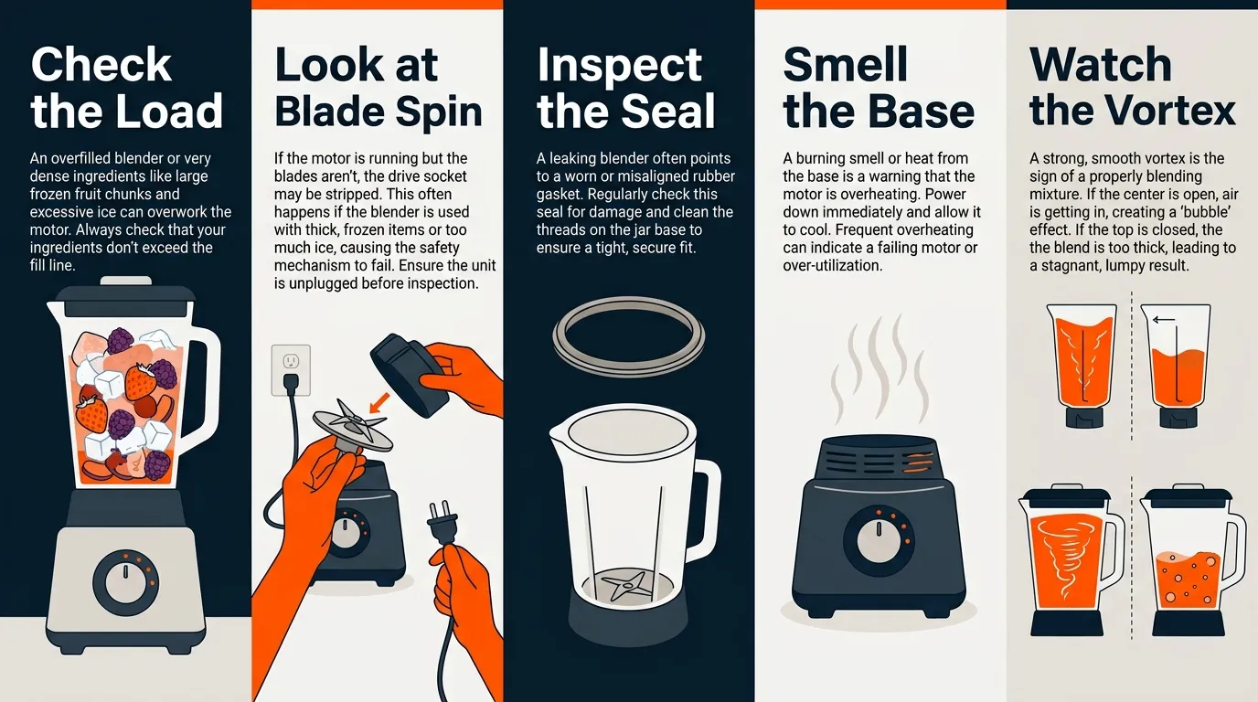 Blender troubleshooting checklist showing load level, blade movement, gasket seal, motor condition, and vortex checks