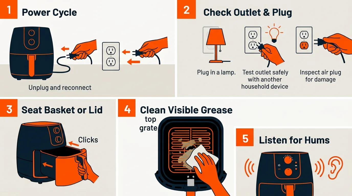 Air fryer troubleshooting setup showing outlet check, basket seating, fan guard cleaning, and listening for motor activity