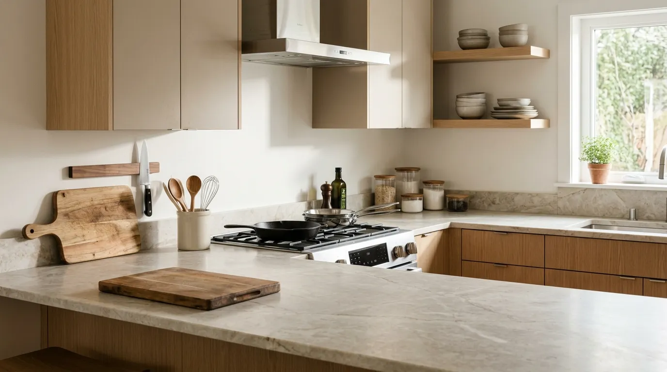 Kitchen organized into prep, cooking, cleaning, and storage zones with essential tools placed near their work areas