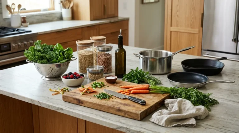 Organized home kitchen with fresh vegetables, healthy cooking ingredients, cookware, and meal preparation tools on a clean countertop