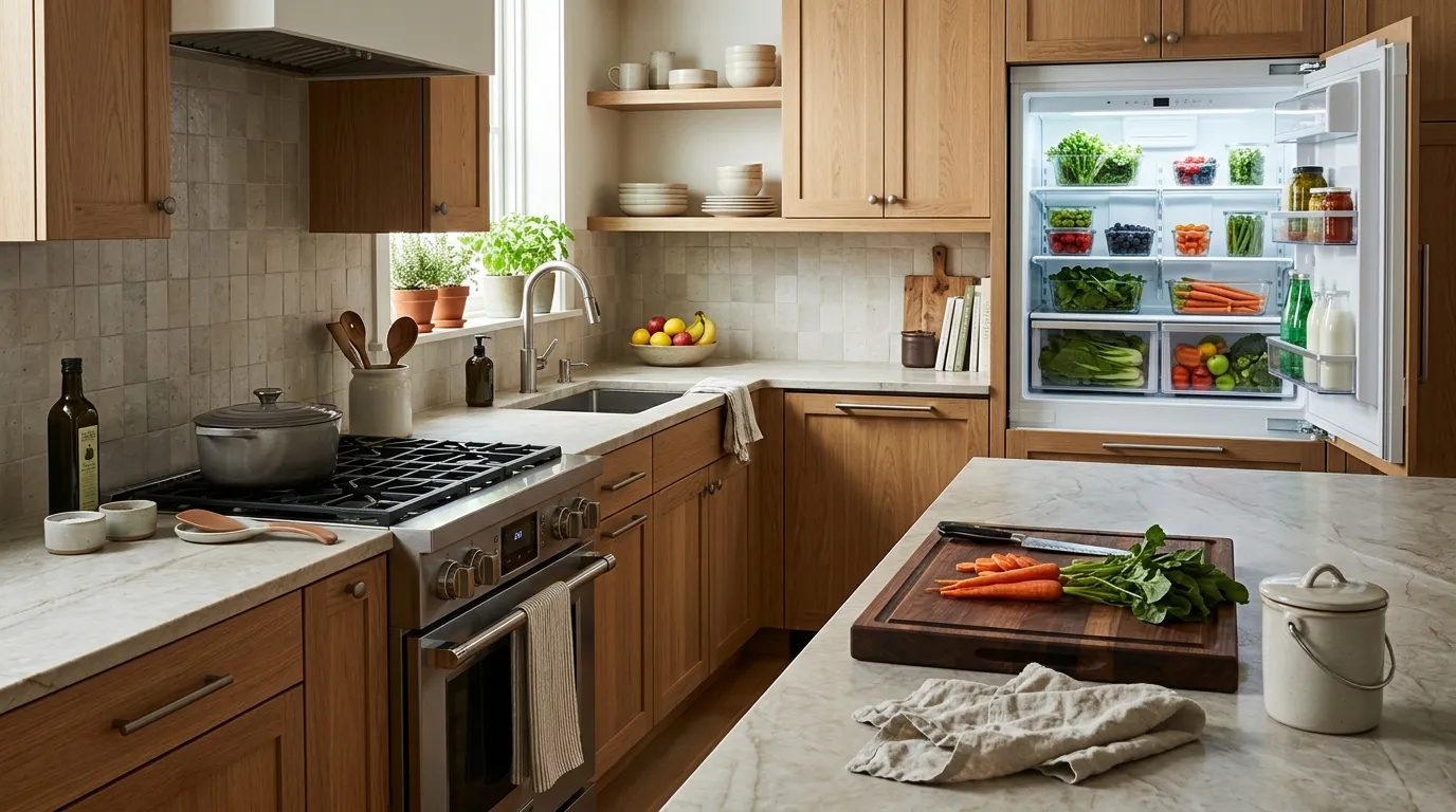Organized kitchen with a clear food preparation counter, fresh produce, cooking tools, and accessible storage zones