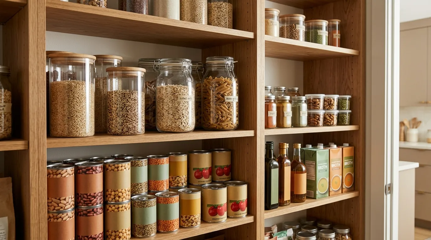 Organized pantry with whole grains, canned beans, spices, oils, nuts, and clear containers for everyday healthy cooking