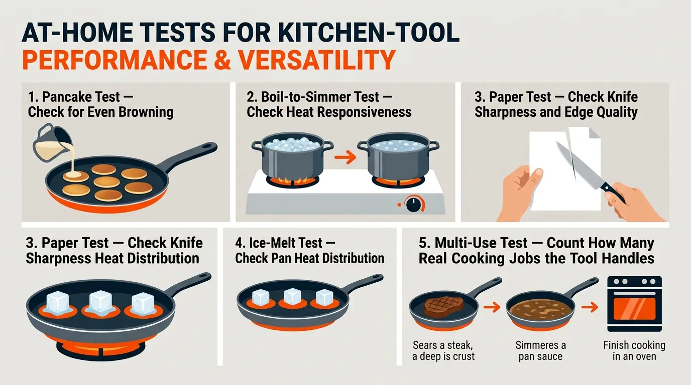 A guide showing the pancake test, boil-to-simmer test, paper knife test, ice-melt pan test, and multi-use evaluation.