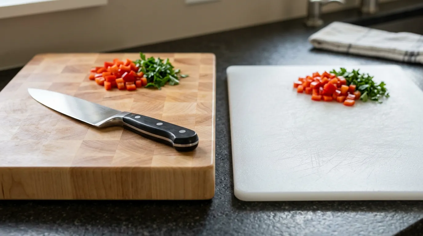 Chef’s knife resting on a wooden cutting board beside a plastic board to compare their cutting surfaces
