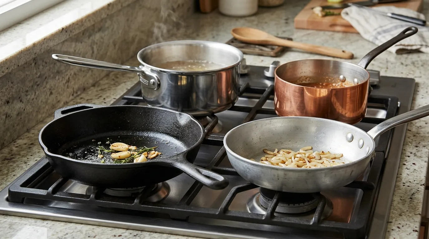 Cast iron, stainless steel, aluminum, and copper cookware illustrating differences in heat retention and responsiveness