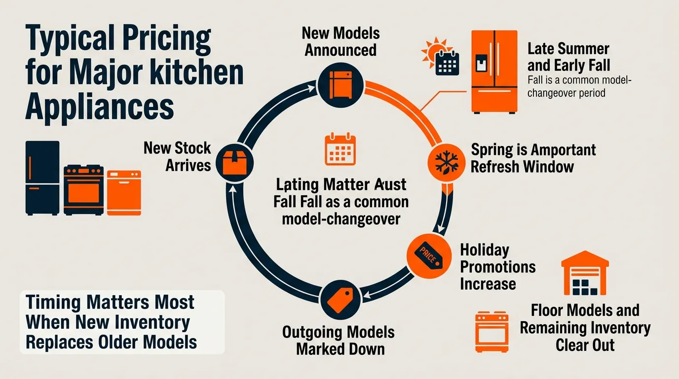 An infographic showing new-model launches, outgoing-model markdowns, holiday promotions, bundle offers, and clearance cycles.