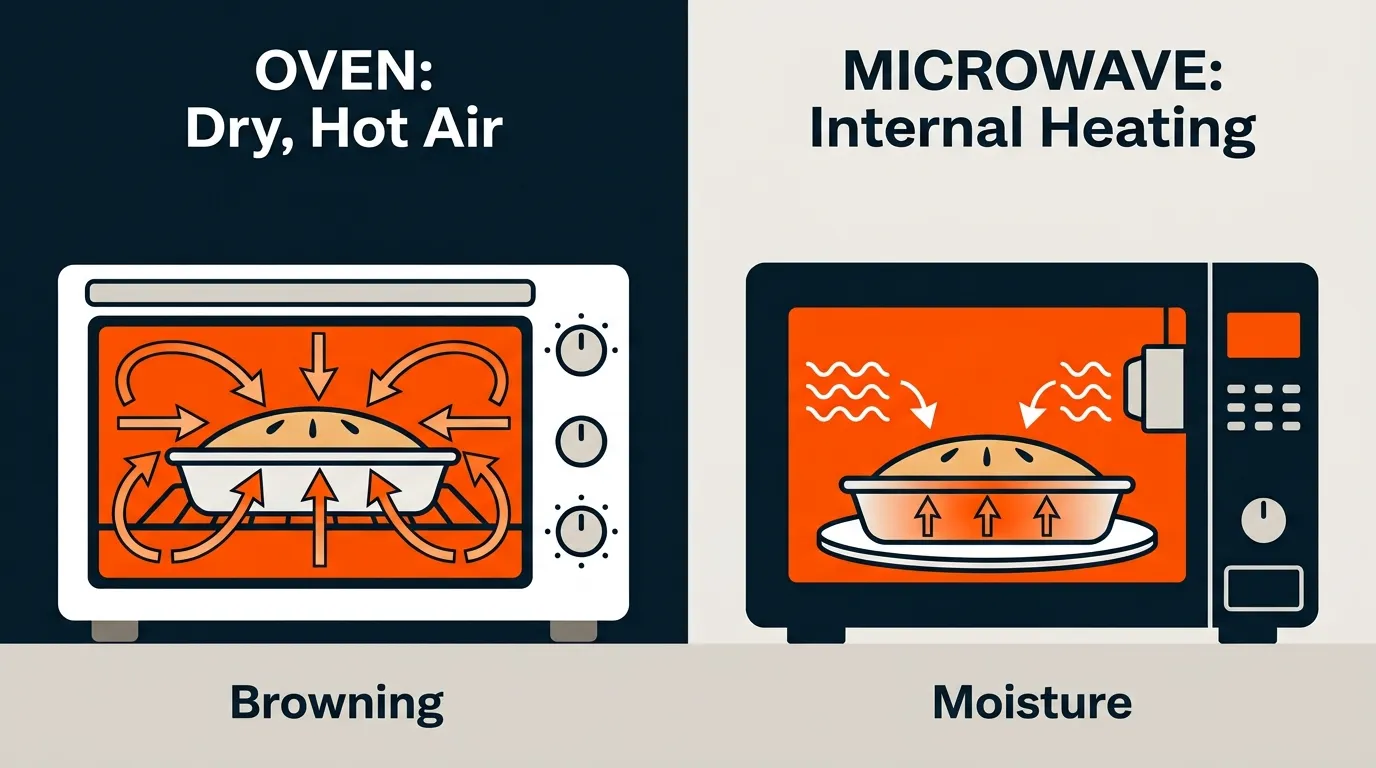 Editorial comparison showing dry hot air surrounding food in an oven and microwave energy heating food internally