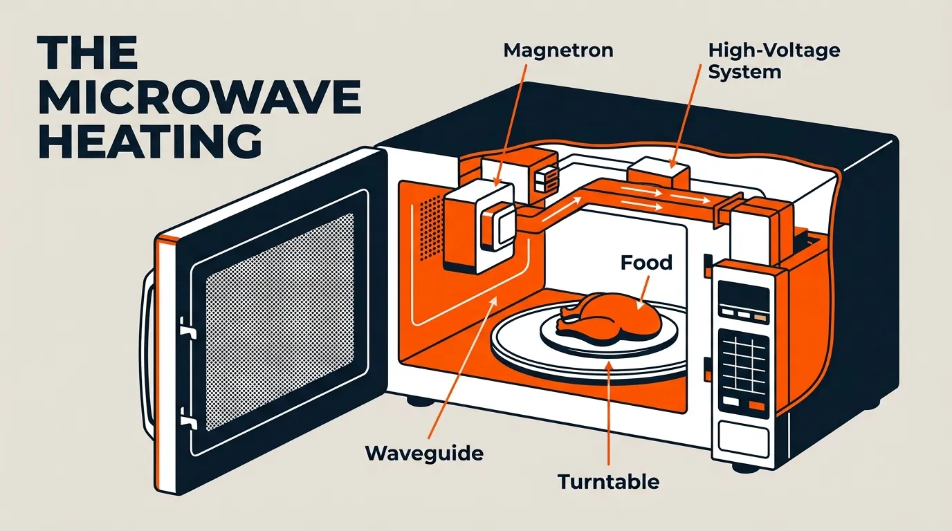 Microwave heating system illustrated with magnetron, waveguide, turntable, and food inside the appliance