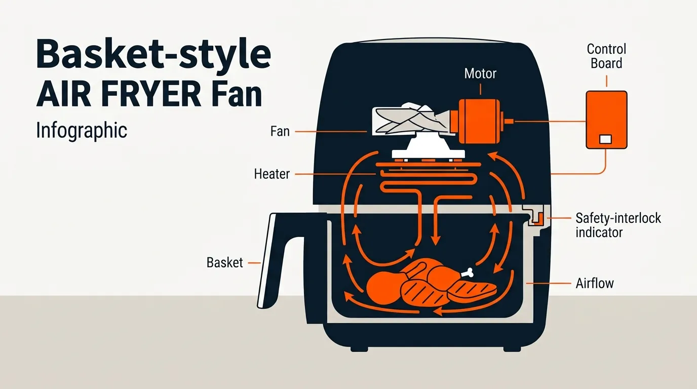 Cutaway air fryer illustration showing the fan motor, heating element, airflow path, basket, and control system