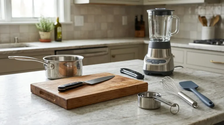 Essential kitchen gadgets including a chef’s knife, cutting board, blender, whisk, measuring tools, and cookware on a modern kitchen countertop