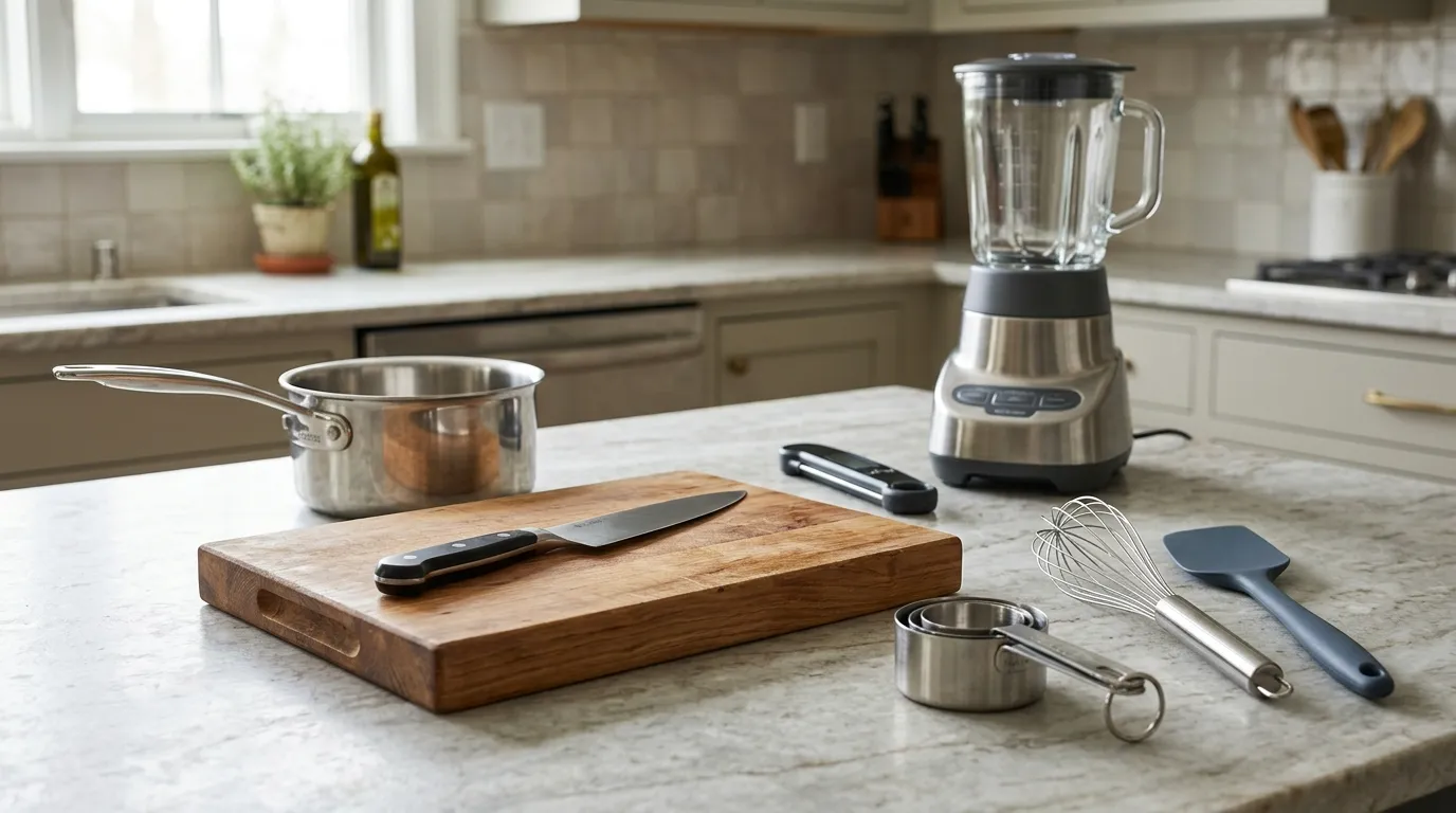 Essential kitchen gadgets including a chef’s knife, cutting board, blender, whisk, measuring tools, and cookware on a modern kitchen countertop