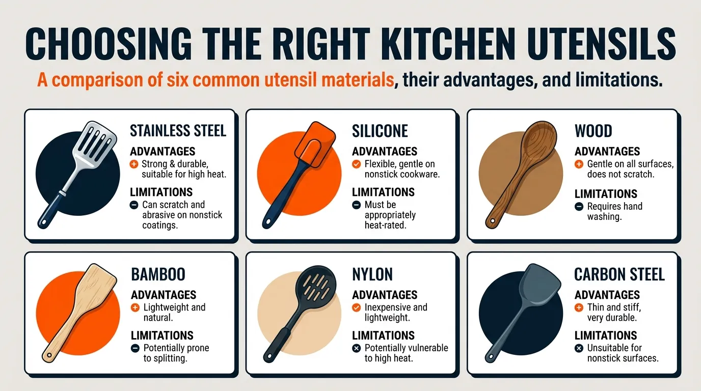 Essential kitchen utensils including silicone spatulas, stainless steel tongs, wooden spoons, and slotted turners arranged on a kitchen countertop