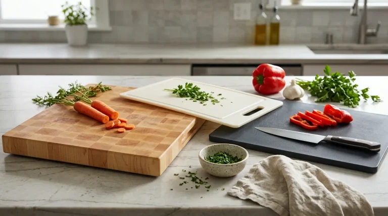 Wooden, plastic, and rubber cutting boards arranged on a kitchen countertop for a cutting board buying guide.
