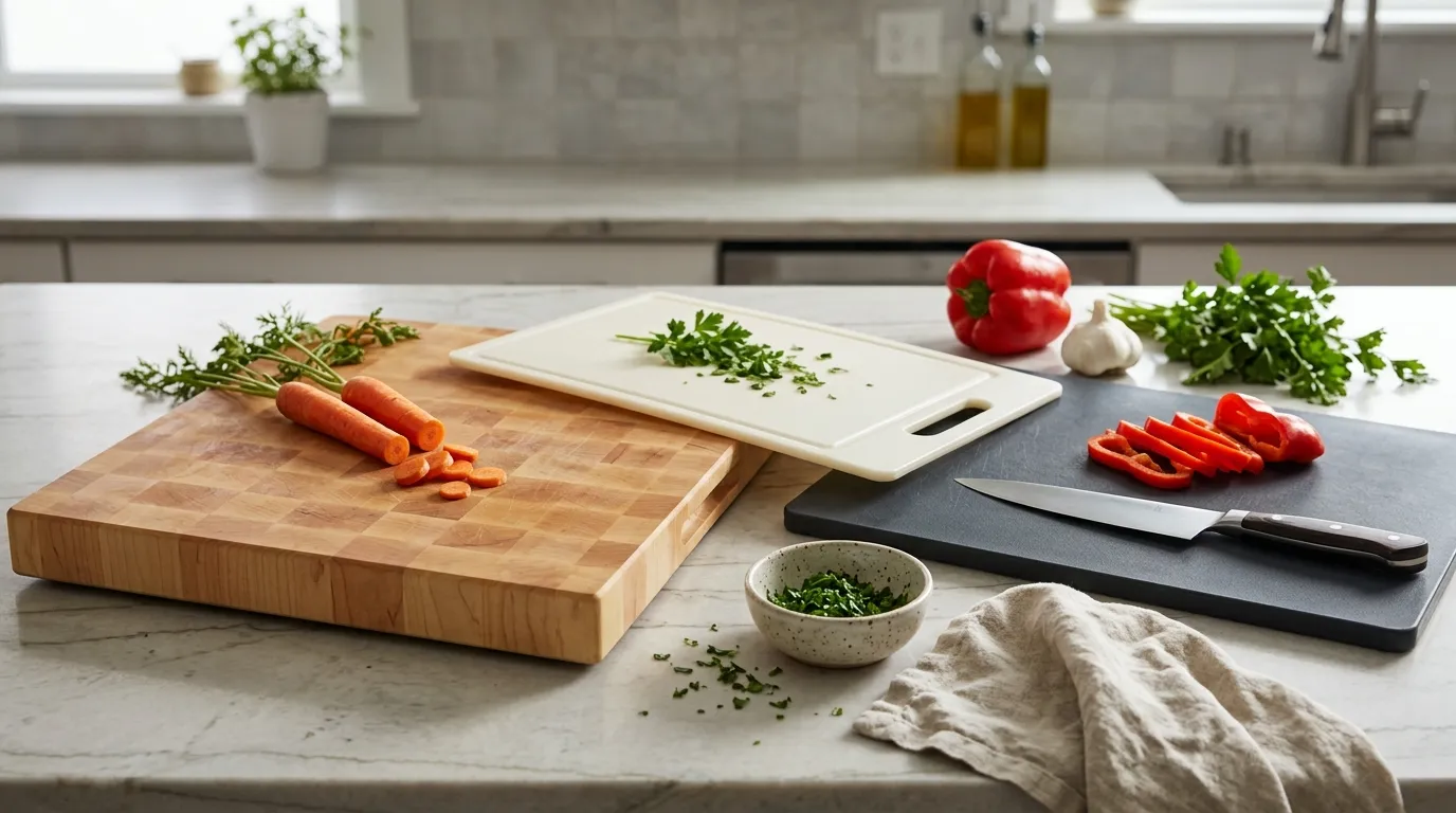 Wooden, plastic, and rubber cutting boards arranged on a kitchen countertop for a cutting board buying guide.