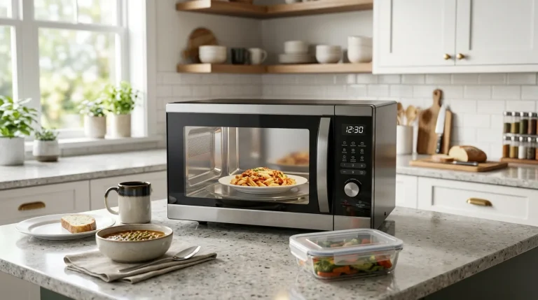 Modern microwave oven surrounded by everyday cookware and food for choosing the right size and features